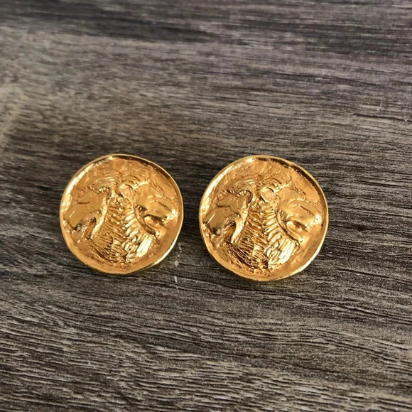 Vtg Goldtone Double Lions Heads Earrings - Picture 5 of 8